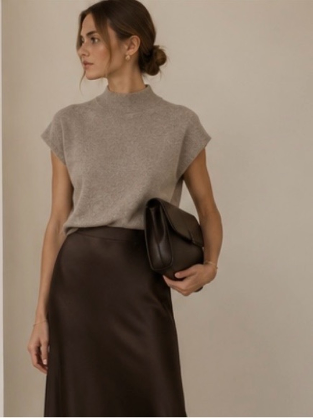 Halston Heritage Short Sleeve Mock Neck Sweater in Taupe/Oatmeal